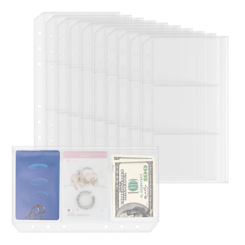 Dajino 10 Pack Multi-Compartment Zippered Binder Pocket Sleeves for 6 Ring A6 Binder - Frosted Divided Zipper Pouch Money Cash Saving Budget Binder Insert Refill Card Page Protector Loose Leaf Bag (3-Pocket) - Image 1