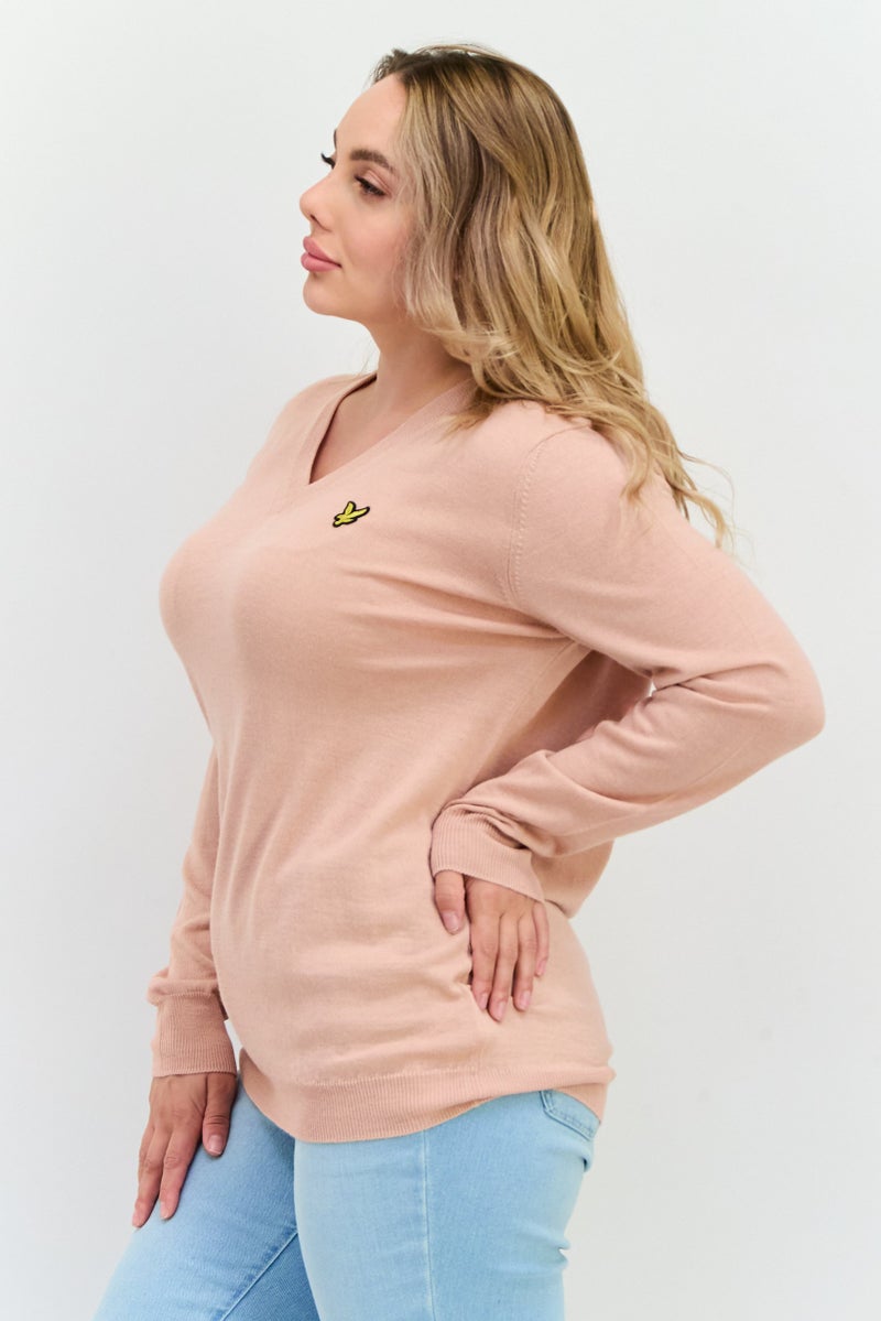 Lyle & Scott Women V-Neck Embroidered Logo Sweaters, Pink Sand - Image 3