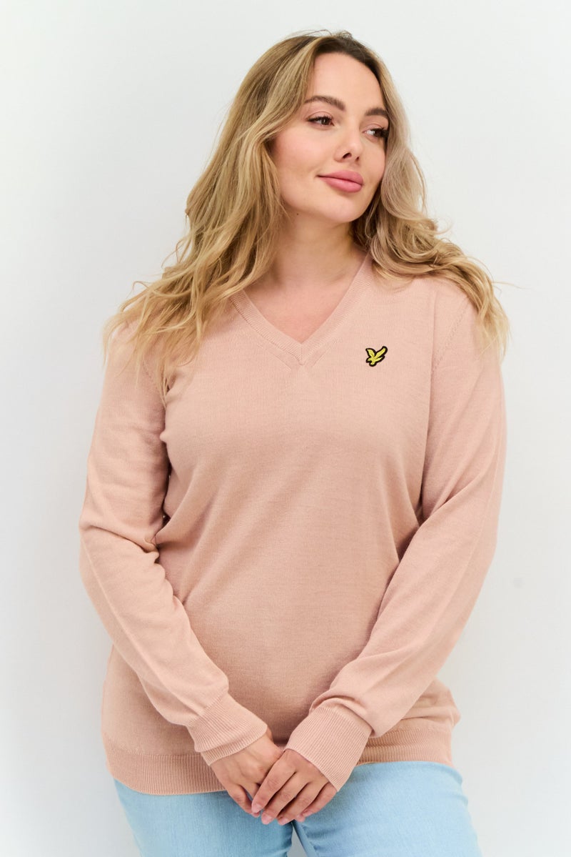 Lyle & Scott Women V-Neck Embroidered Logo Sweaters, Pink Sand - Image 1
