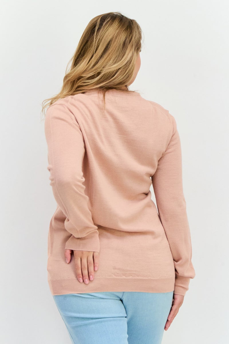 Lyle & Scott Women V-Neck Embroidered Logo Sweaters, Pink Sand - Image 2