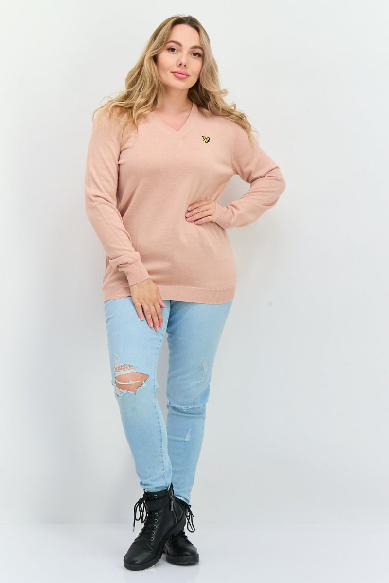 Lyle & Scott Women V-Neck Embroidered Logo Sweaters, Pink Sand - Image 4