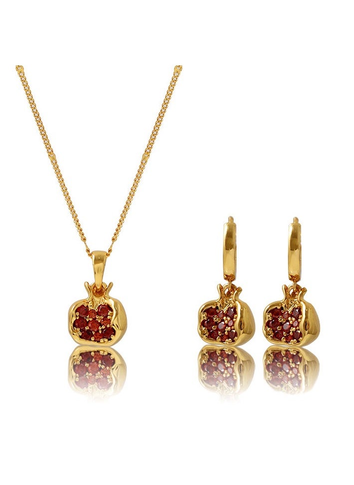 General Pomegranate Necklace Earrings Set: Niche Design Sense, 18k Gold Plated Zircon Retro Quality Light Luxury Pendant with Clavicle Chain.  - Image 1