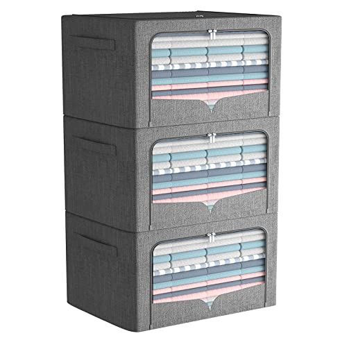 FHSQX 3 Pack Clothes Storage Bins Foldable Metal Frame Storage Box Stackable Linen Fabric Organizer Set with Carrying Handles and Clear Window (Dark Gray, 15.7x11.8x7.8inch(22L)) - Image 1