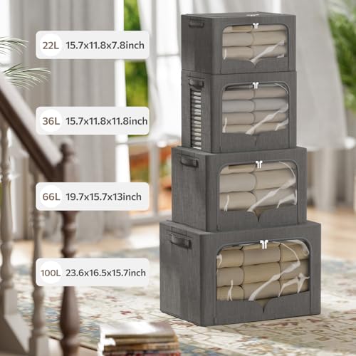 FHSQX 3 Pack Clothes Storage Bins Foldable Metal Frame Storage Box Stackable Linen Fabric Organizer Set with Carrying Handles and Clear Window (Dark Gray, 15.7x11.8x7.8inch(22L)) - Image 3