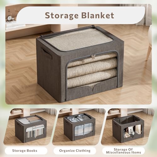 FHSQX 3 Pack Clothes Storage Bins Foldable Metal Frame Storage Box Stackable Linen Fabric Organizer Set with Carrying Handles and Clear Window (Dark Gray, 15.7x11.8x7.8inch(22L)) - Image 2