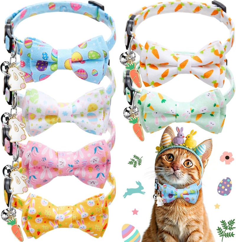 Hsei 6 Pcs Easter Cat Collar Bulk with Bow Tie Bell Spring Easter Eggs Carrots Bunny Rabbit Kitten Adjustable Breakaway Bowtie Collar for Boy Girl Cats Small Dog Pet Holiday Party Favors Gifts - Image 1