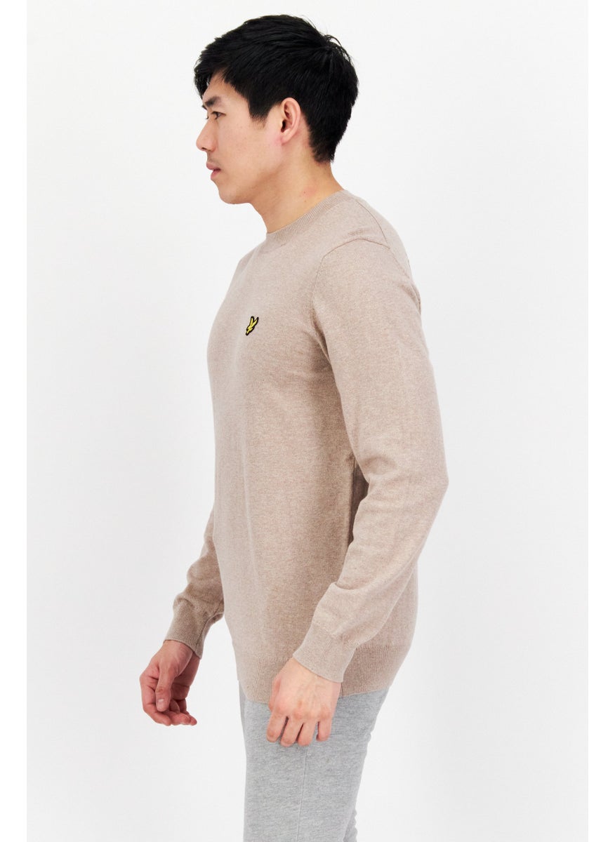 Lyle & Scott - Men Crew Neck Embroidered Knitted Sweater, Tan - Image 1