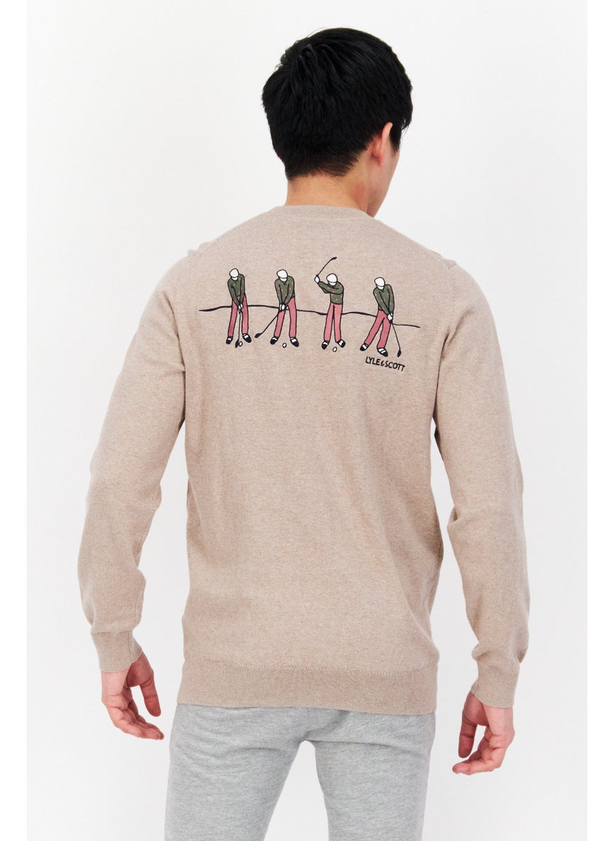 Lyle & Scott - Men Crew Neck Embroidered Knitted Sweater, Tan - Image 1