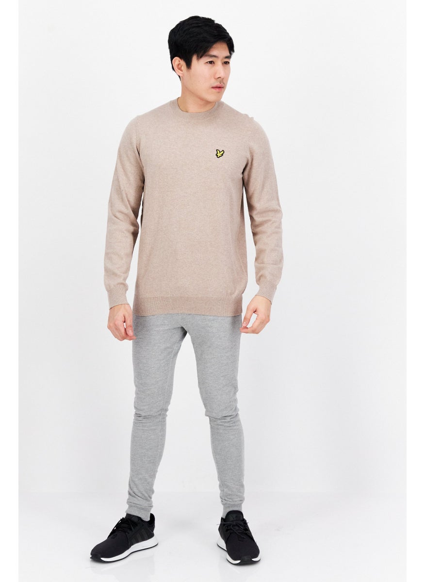Lyle & Scott - Men Crew Neck Embroidered Knitted Sweater, Tan - Image 1