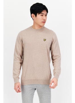 Men Crew Neck Embroidered Knitted Sweater, Tan