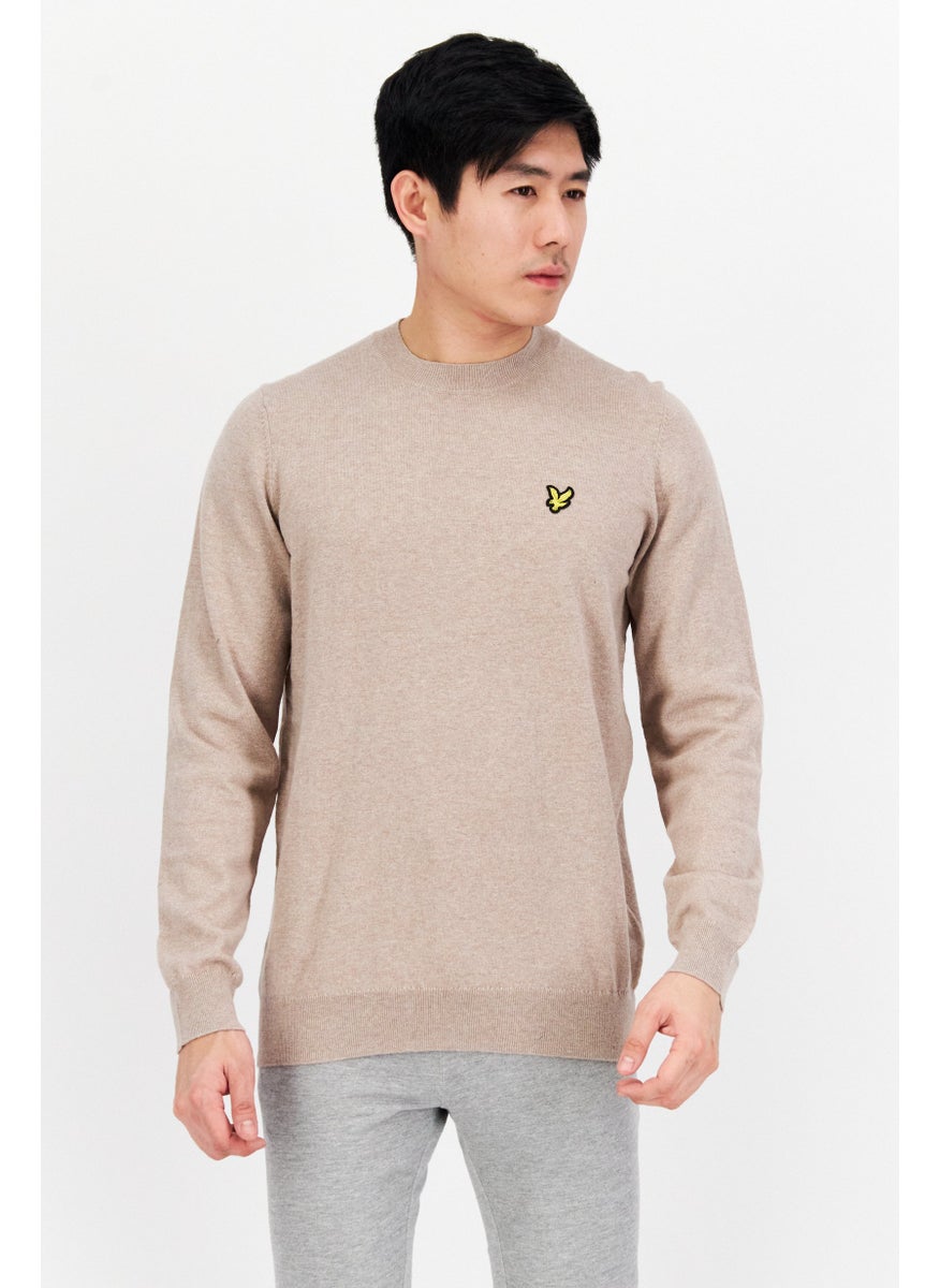 Lyle & Scott - Men Crew Neck Embroidered Knitted Sweater, Tan - Image 1