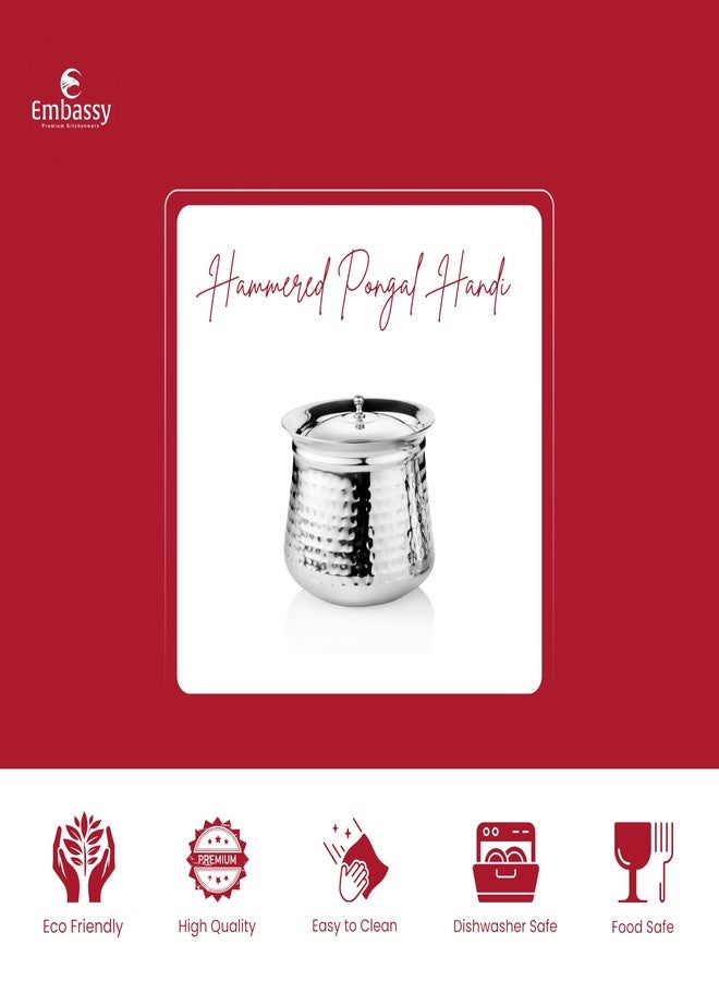 Embassy Stainless Steel Hammered Pongal Handi/Cooking Pot with Lid | 3.5 Litre | Size 6 | Induction Friendly | Hammertone Finish | Ideal for Cooking Biryani, Curries, Stews, and More. - Image 2