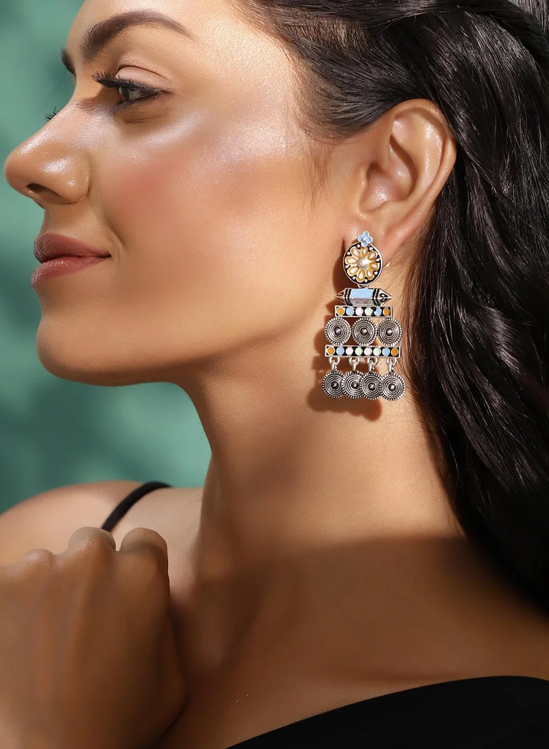 ISHIN Multi Colour Metallic Grey Plated Drop Earring