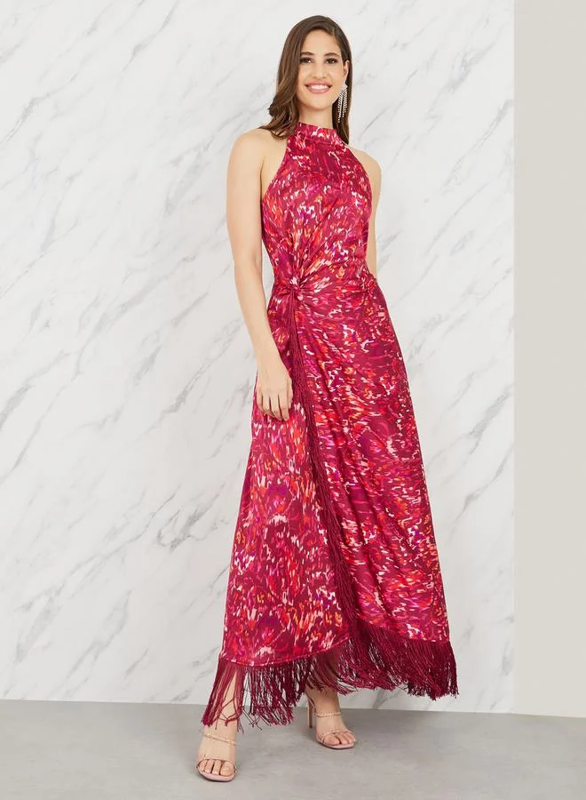 ستايلي Ikat Print Halter Neck Wrap Style Maxi Dress with Tassel Detail