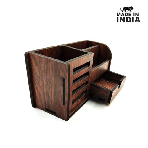 Woodkey Wooden Desk Organizer - Pen Stand with Drawers, Mobile & Card Holder | Multipurpose Office & Study Table Organizer for Pens, Pencils, Stationery & Desk Supplies 3 in 1 (Rolex Darkwood) - Image 4