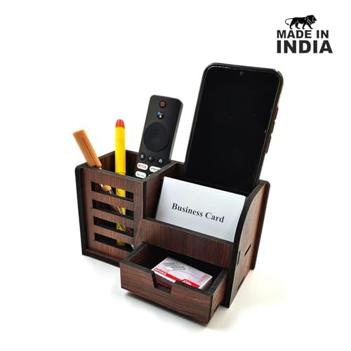 Woodkey Wooden Desk Organizer - Pen Stand with Drawers, Mobile & Card Holder | Multipurpose Office & Study Table Organizer for Pens, Pencils, Stationery & Desk Supplies 3 in 1 (Rolex Darkwood) - Image 3