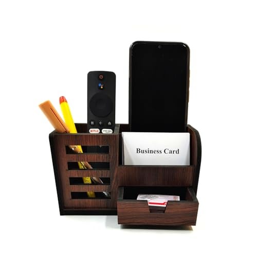 Woodkey Wooden Desk Organizer - Pen Stand with Drawers, Mobile & Card Holder | Multipurpose Office & Study Table Organizer for Pens, Pencils, Stationery & Desk Supplies 3 in 1 (Rolex Darkwood) - Image 1