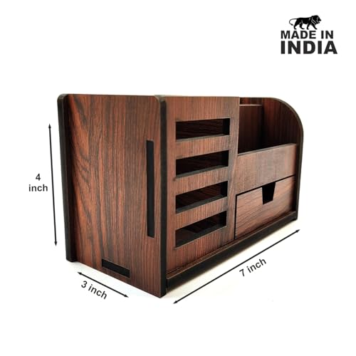 Woodkey Wooden Desk Organizer - Pen Stand with Drawers, Mobile & Card Holder | Multipurpose Office & Study Table Organizer for Pens, Pencils, Stationery & Desk Supplies 3 in 1 (Rolex Darkwood) - Image 5