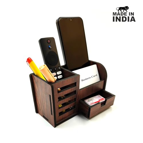 Woodkey Wooden Desk Organizer - Pen Stand with Drawers, Mobile & Card Holder | Multipurpose Office & Study Table Organizer for Pens, Pencils, Stationery & Desk Supplies 3 in 1 (Rolex Darkwood) - Image 2