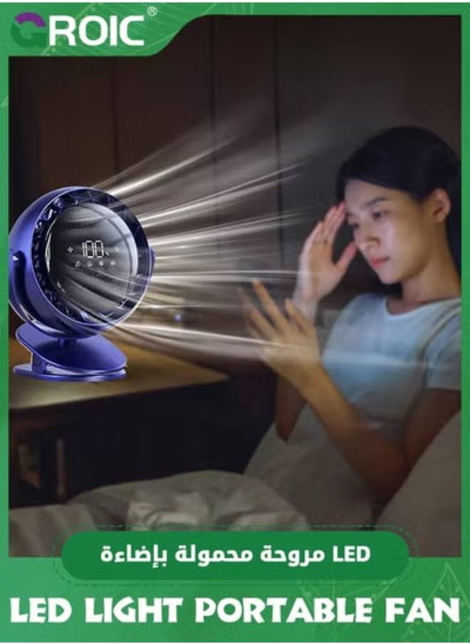 GROIC مروحة محمولة بإضاءة LED، مروحة تعمل بالبطارية بقوة 10000 مللي أمبير في الساعة، مروحة طاولة قابلة لإعادة الشحن ومروحة شخصية صغيرة ذكية بشاشة رقمية 5 سرعات، مروحة USB للمنزل والمكتب والسفر والتخييم (أزرق)  - Image 1