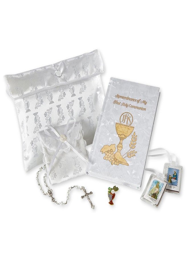 Needzo Deluxe First Communion Satin Purse Gift Set, The Lord's Supper Collection, Faux Pearl Rosary and Keepsakes, 6 Items - Image 1