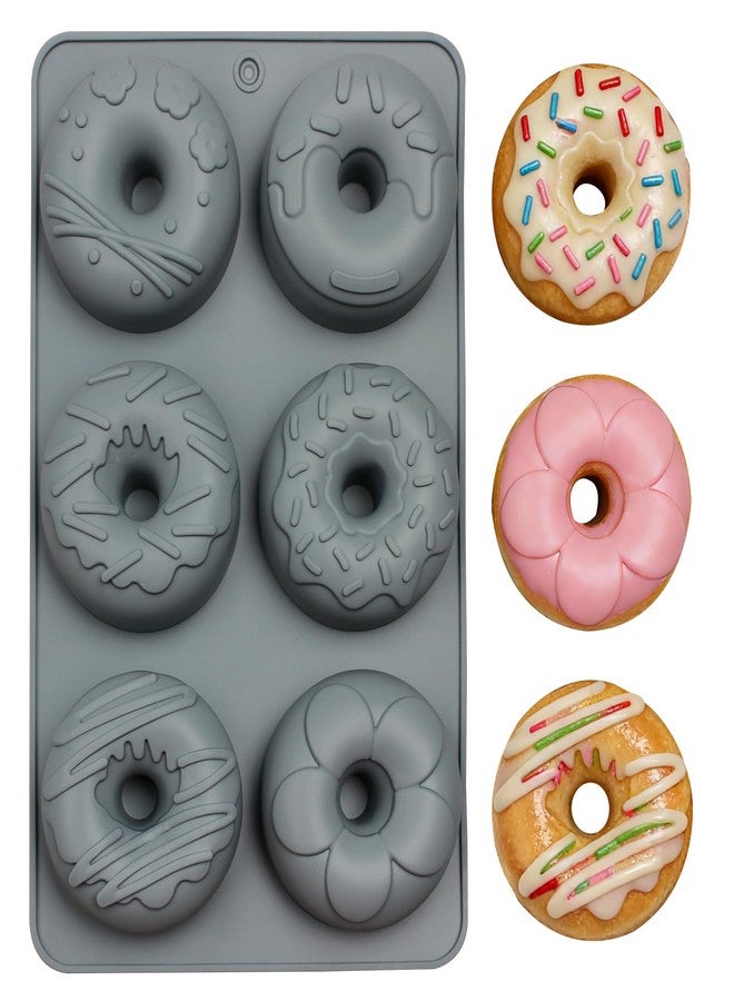 Fchil Silicone Donut Molds, 6-Cavity Non-Stick Baking Pan with Decorative Designs for Chocolate Desserts, Gray, 10.8 x 6.7 x 1.3 inches - Image 1