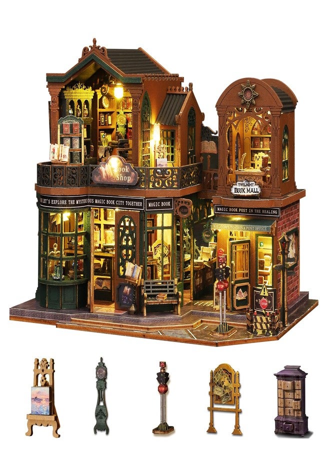 Plustopoy DIY Miniature House Kit for Adults, Mini Wooden Dollhouse Kit, Book Shop Tiny House Diorama Building Kits with Light, 3D Wooden Puzzles Bookend Shelf Insert Decor, Creative Craft - Image 1