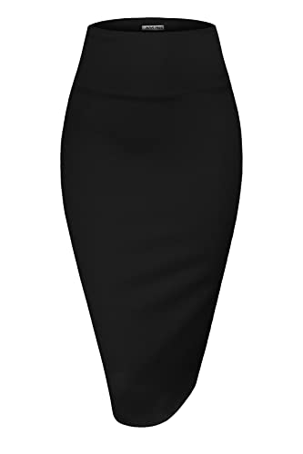 MINEFREE Women's Premium High Waist Nylon Ponte Stretch Office Pencil Skirt Solid Black S - Image 1