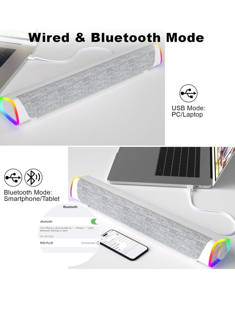 RATSAW - Bluetooth Computer Speakers Sound Bar Wired USB Powered 6 Modes LED RGB Lights with All in One Control Button Surround Sound Portable Sound Bar for PC Desktop Monitor Phone White - Image 1