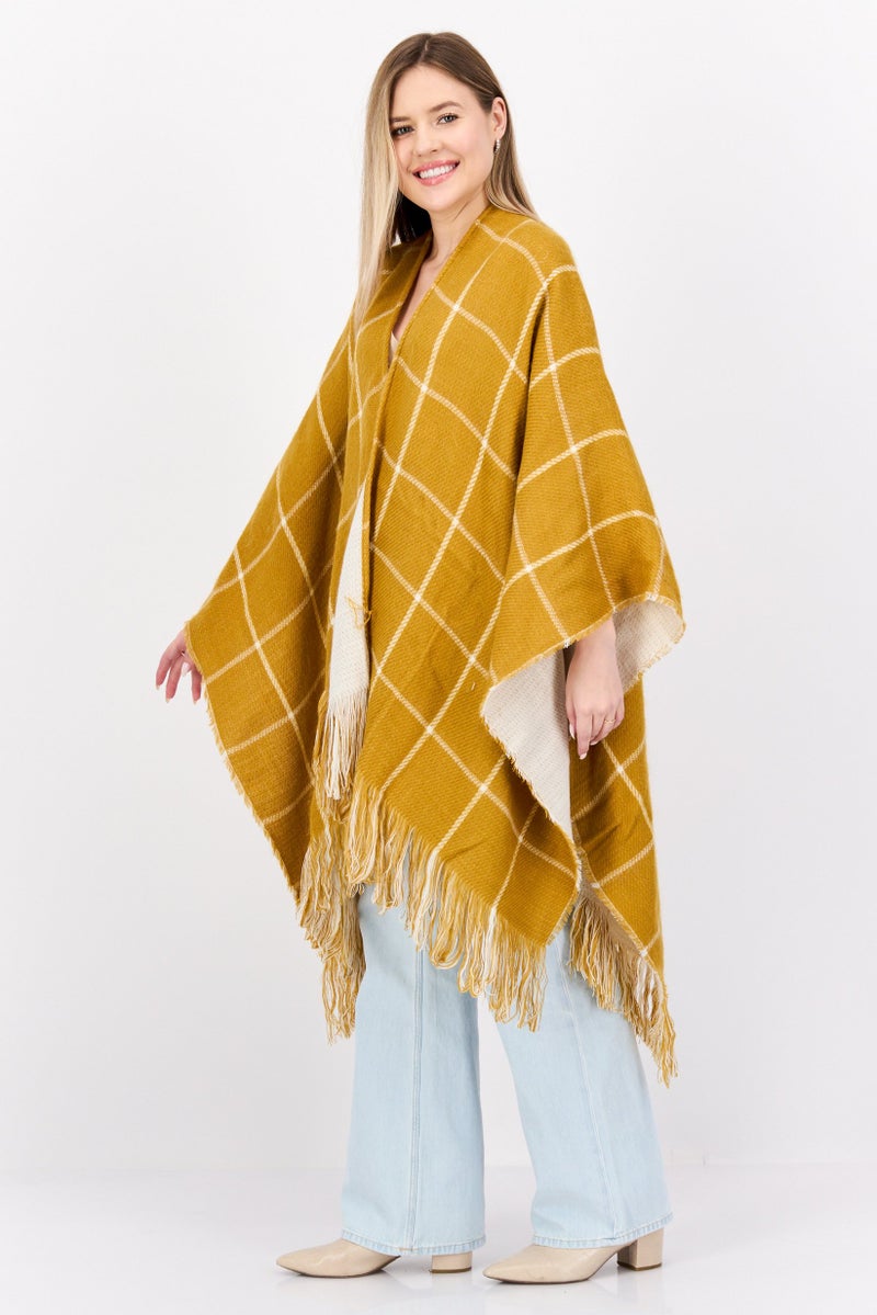 HALSTON Women Checkered Belted Poncho Sweater, Mustered - Image 3