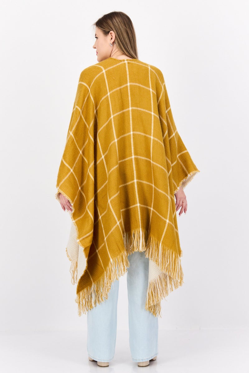 HALSTON Women Checkered Belted Poncho Sweater, Mustered - Image 4
