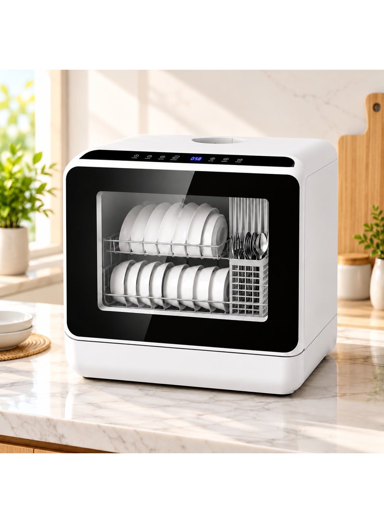 Portable Countertop Dishwasher with 5L Built-in Water Tank, Mini Automatic Tabletop Dishwashing Machine with Fruit & Vegetable Wash Function, LED Touch Control, Multiple Wash Programs, No Plumbing Required, Compact Tabletop Dishwasher for Apartments, Small Kitchens & RVs – White