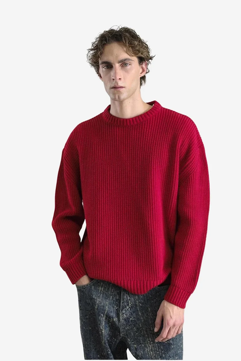 Giesto Red GIESTO Comfort Fit Ribbed Knit Crew Neck Sweater for Men | Best Price UAE