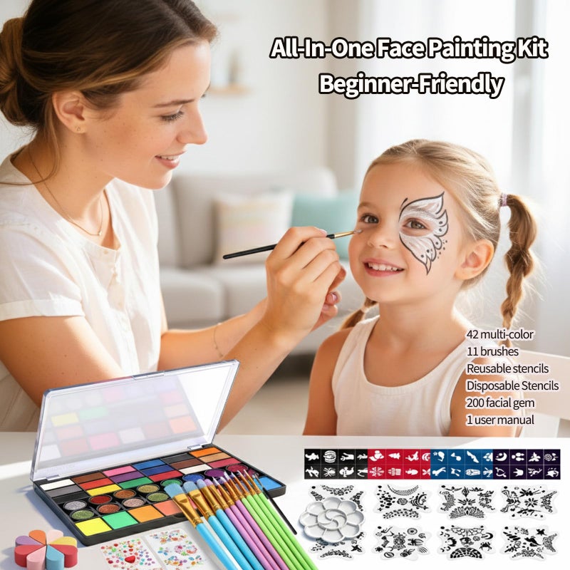 CREECHWA Non-Toxic Professional 42 Color Face Painting Kit for Kids & Adults - Water-Activated Face Paint, All-In-One with Brushes/Stencils/Sponges, Safe for Birthday/Halloween/School Events/Festivals - Image 4