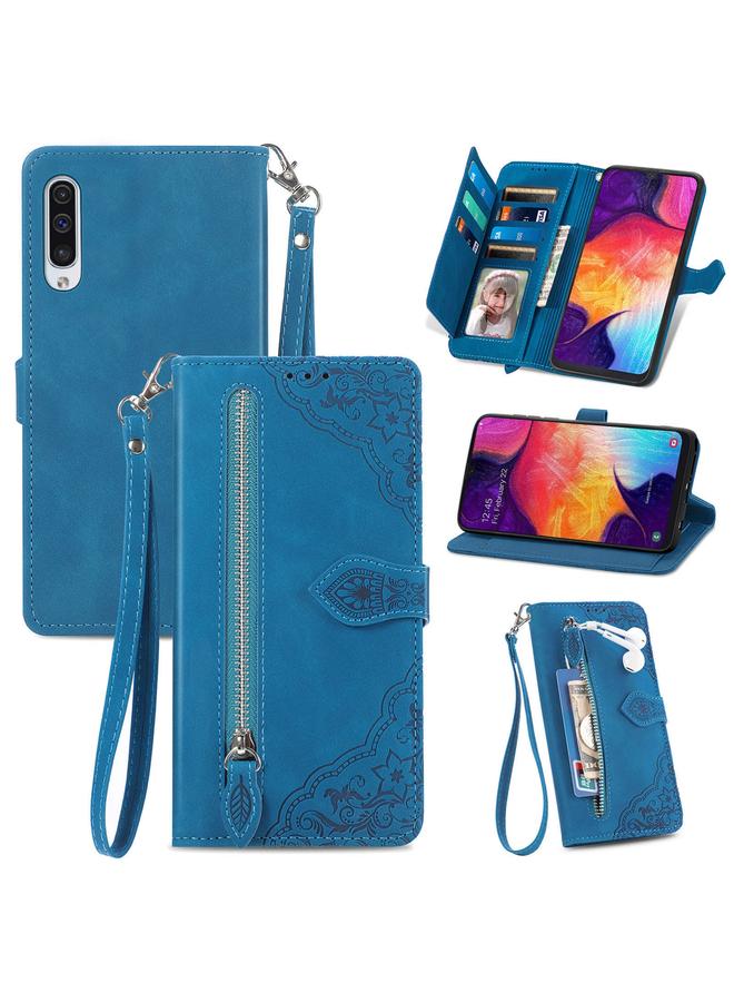 اس-توب جراب لهاتف Samsung Galaxy A50 مصنوع من الجلد بسحاب ونقشة زهور - Image 1