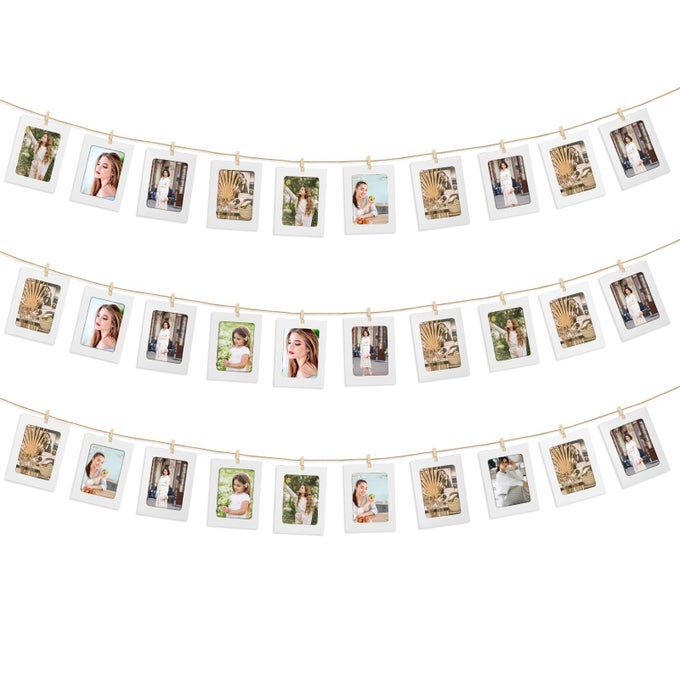 30 PCS PICTURE HANGING STRING PHOTO DISPLAY BOARD HANGING PICTURE FRAMES WITH WOODEN CLIPS AND STRING 4 X 6 INCH MINI PEGS FOR PHOTOS WHITE PAPER PICTURE FRAMES FOR HOMEOFFICEWEDDINGPARTY DECOR