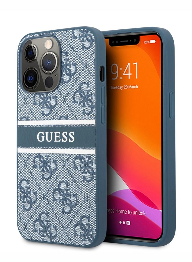 GUESS iPhone 13 Pro Case 6.1inch 4G PU Leather Back Cover with Printed Stripe / iPhone 13 protective cover - Blue - Image 1