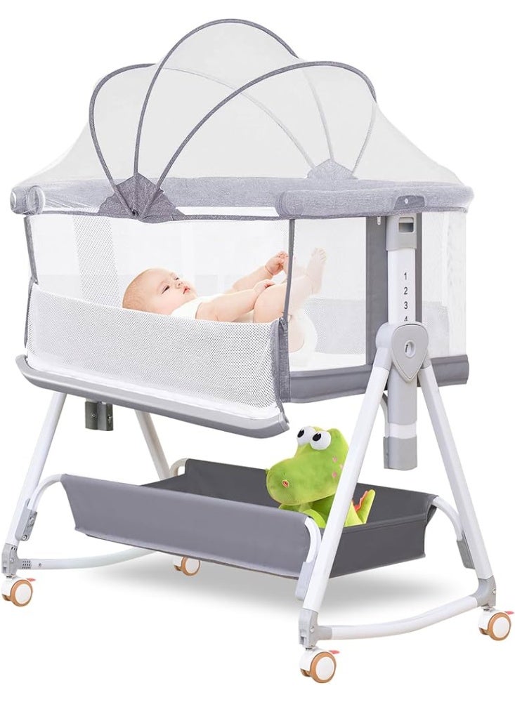 Convertible Baby Bassinet & Co-Sleeper with Adjustable Height, Rocking Function, and Mosquito Net, Grey