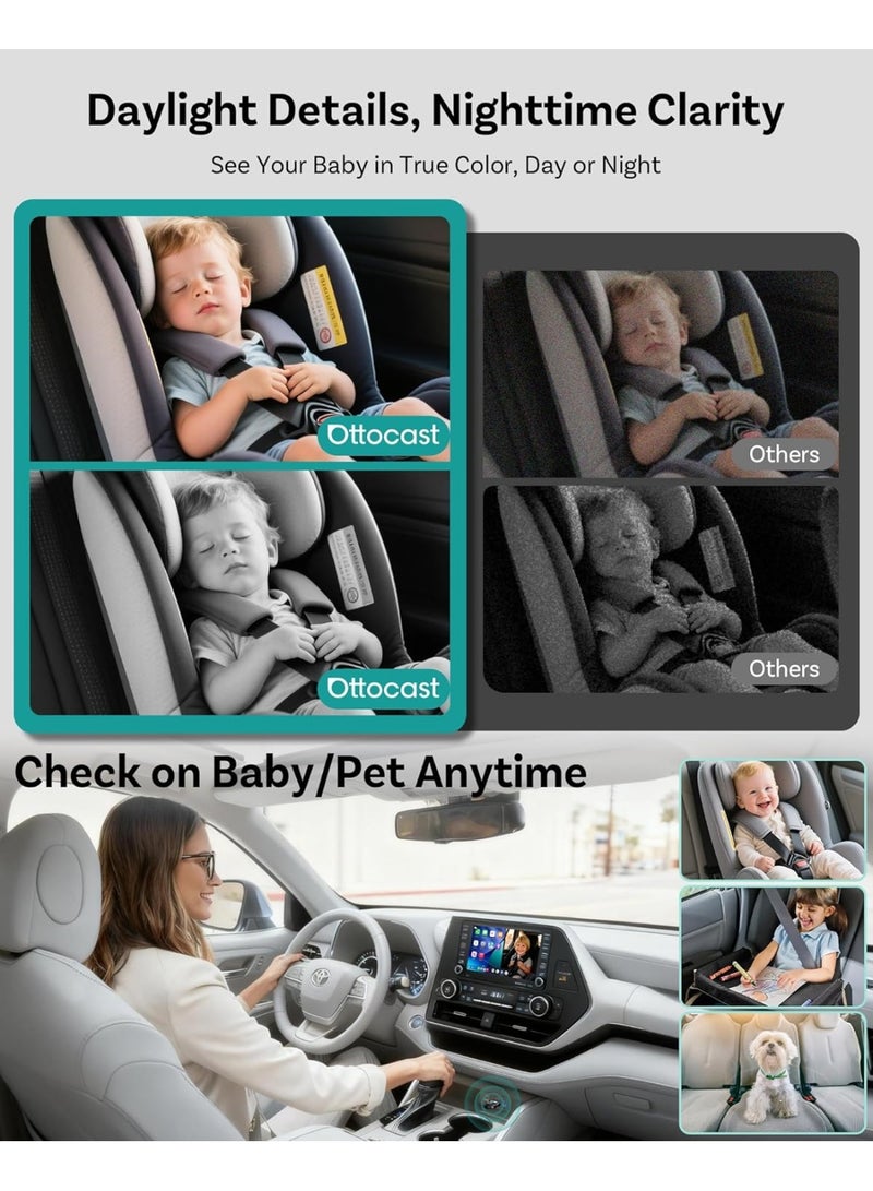 Ottocast Cabin Care 2026 Wireless CarPlay Adapter with 1080P Rear Seat Baby Monitor Camera, 150° Wide Angle HD View, Plug & Play USB-A, OEM Screen Display, Night Vision, Compatible with Factory Wired CarPlay Cars, Infants, Kids & Pets - Image 5