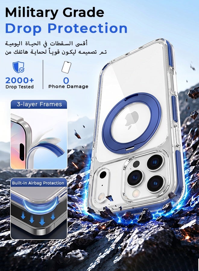 غطاء هاتف مغناطيسي مطلي أزرق شفاف مع حامل، متوافق مع آيفون 17 برو ماكس مقاس 6.9 بوصة، حامل حلقة دوار بزاوية 360 درجة، متوافق مع MagSafe، غطاء واقي مقاوم للصدمات بوسادة هوائية - Image 5