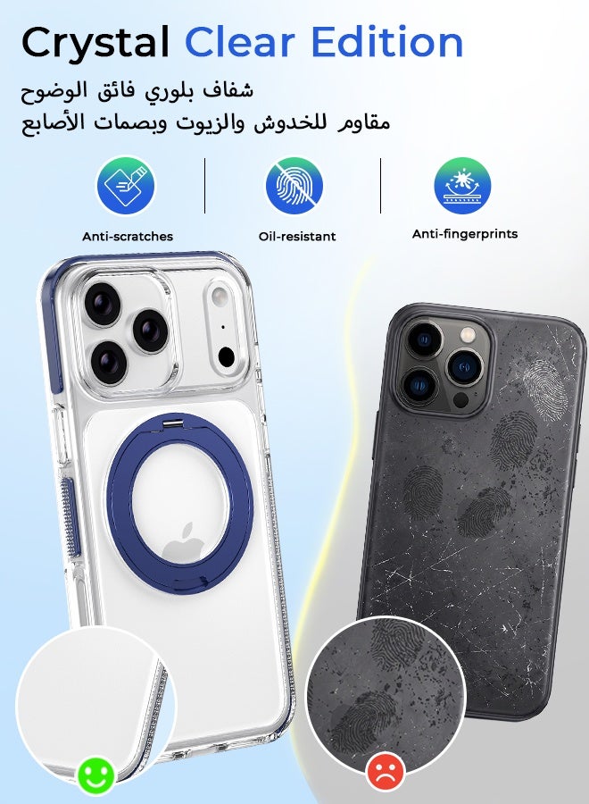 غطاء هاتف مغناطيسي مطلي أزرق شفاف مع حامل، متوافق مع آيفون 17 برو ماكس مقاس 6.9 بوصة، حامل حلقة دوار بزاوية 360 درجة، متوافق مع MagSafe، غطاء واقي مقاوم للصدمات بوسادة هوائية - Image 4