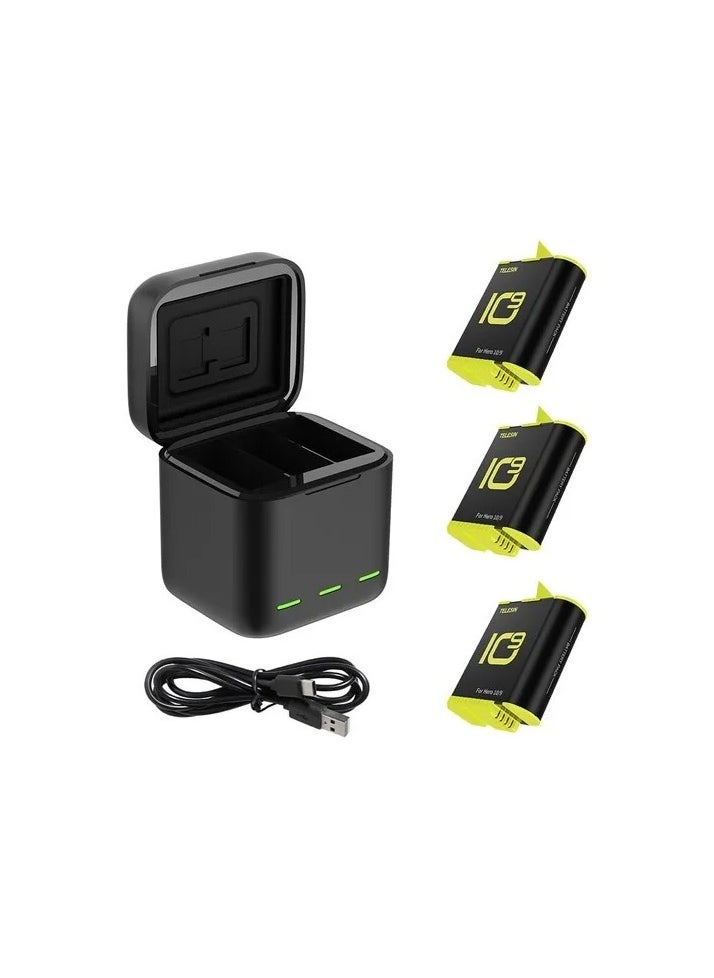 TELESIN TELESIN 3 SLOTS LED STORAGE CHARGER BOX WITH EXTENDED BATTERY FOR GOPRO 9/10/11 WITH 3 BATTERIES GP-BNC-902B  - Image 1