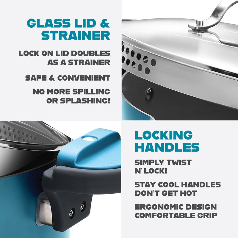 Gotham Steel 5 Quart Stock Pot Ceramic Multipurpose Pasta Pot with Strainer Lid & Twist and Lock Handles, Tempered Glass Lid, Dishwasher Safe, Aqua Blue - Image 3