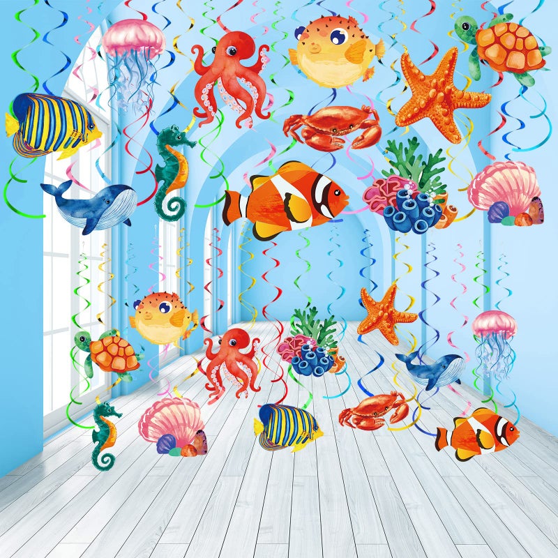 Clabby 30 Pcs Tropical Fish Hanging Swirls Under The Sea Party Decorations Ceiling Decor Ocean Themed Mermaid Creatures Beach Party Supplies Under The Sea DecorMixed Style