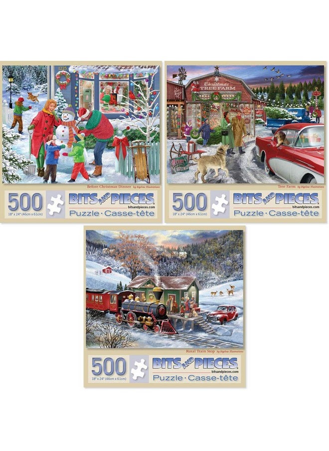 Bits and Pieces Bits and Pieces - Value Set of Three (3) 500 Piece Jigsaw Puzzles for Adults - Each Puzzle Measures 18" x 24" - Home for The Holidays Jigsaws by Artist Bigelow Illustrations  - Image 1