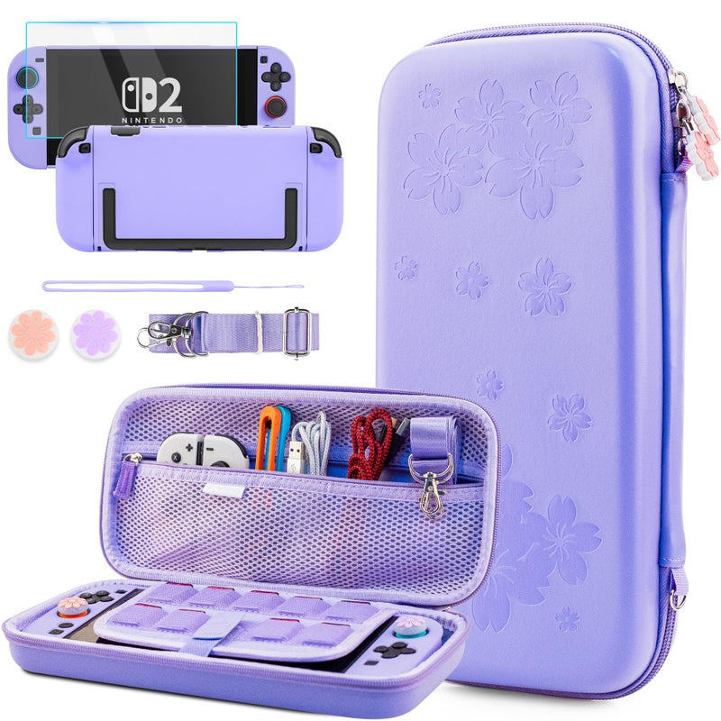 GLDRAM Purple Cherry Blossom Carrying Case for Nintendo Switch 2 Cute Girly Accessories with Sakura Travel Storage Bag Hardshell Protective Cover Screen Protector Shoulder Wrist Strap Thumb Caps - Image 2