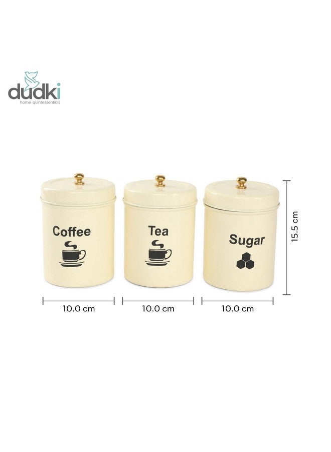 Dudki Quoted Stainless Steel Round Canister/Kitchen Storage For Tea Coffee Sugar Pack Of 3 (Ivory) - Off White - Image 2