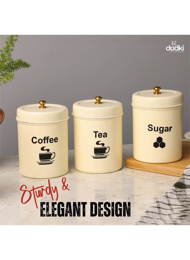 Dudki Quoted Stainless Steel Round Canister/Kitchen Storage For Tea Coffee Sugar Pack Of 3 (Ivory) - Off White - Image 3
