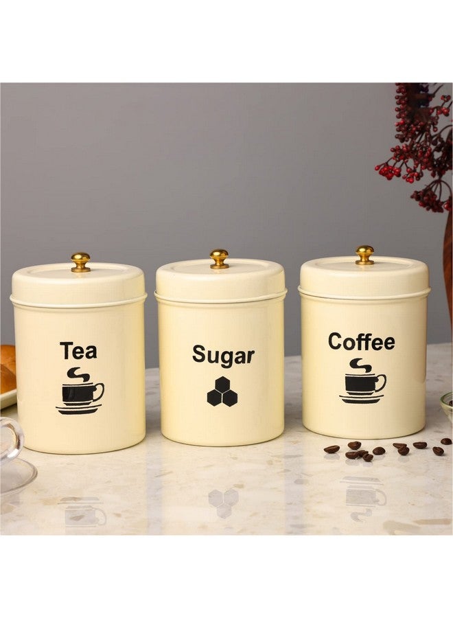 Dudki Quoted Stainless Steel Round Canister/Kitchen Storage For Tea Coffee Sugar Pack Of 3 (Ivory) - Off White - Image 1