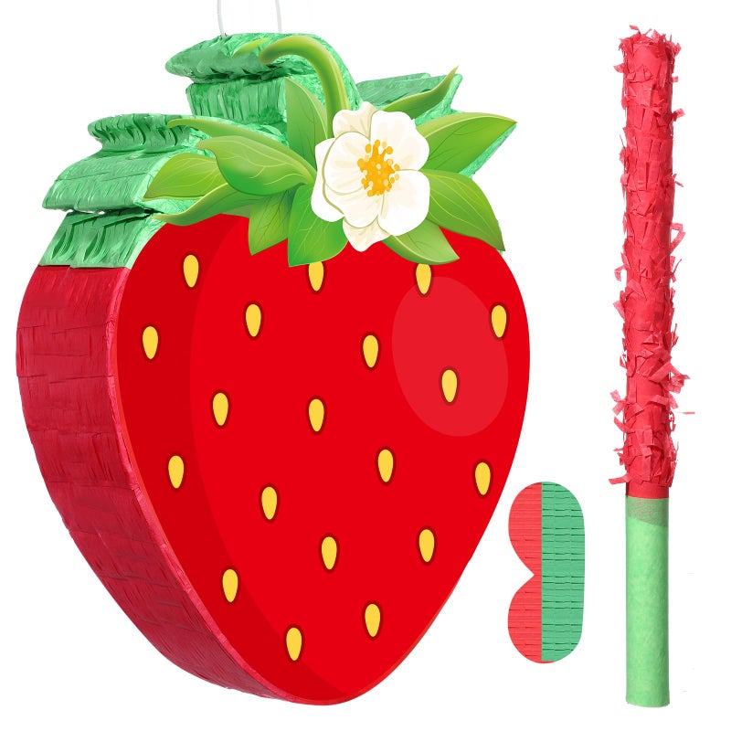 Aoriher Strawberry Piata Red Strawberry Party Game Set Summer Fruit Piata Berry Birthday Decoration with Stick and Mask for Summer Fruit Theme Birthday Baby Shower Party Game Supplies Decoration - Image 3